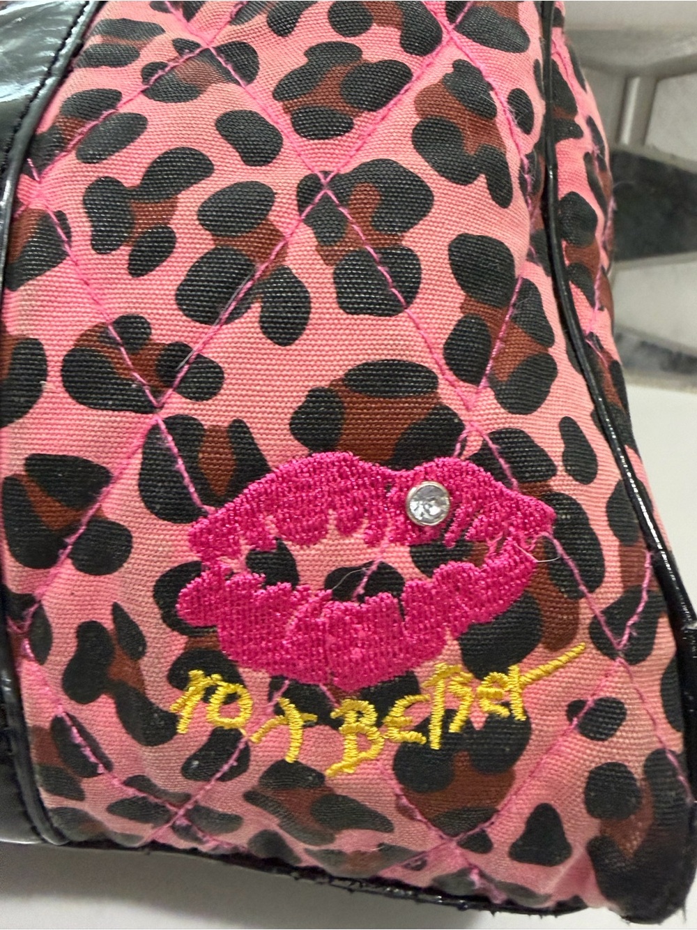 Betsey Johnson Pink and Black Leopard Quilted Studded Tote - Picture 2 of 6